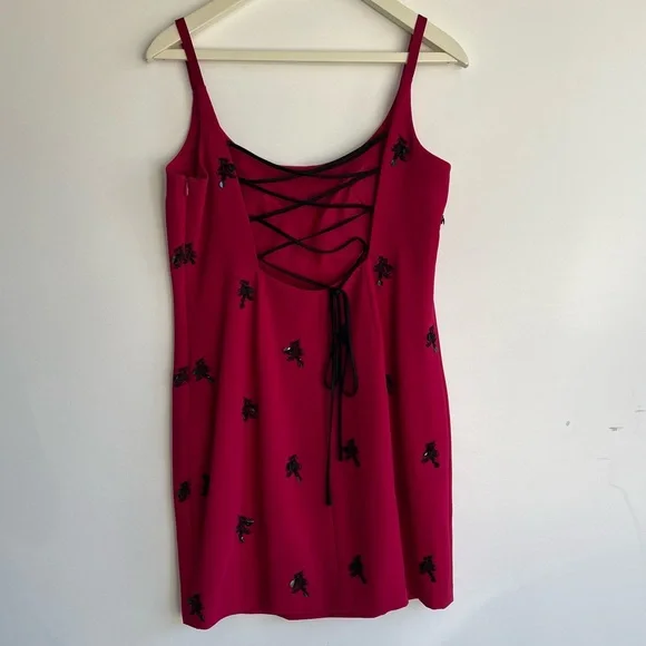 Cinq à Sept Cerise Pink Black Sequin Lace-Up Corset Mini Dress Size 10 - Picture 9 of 15